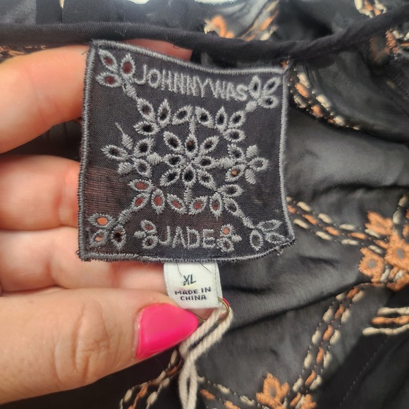 Johnny Was Dress XL Black Orange Sheer Embroidered Mock Neck Ruffle Button NEW - Picture 10 of 12